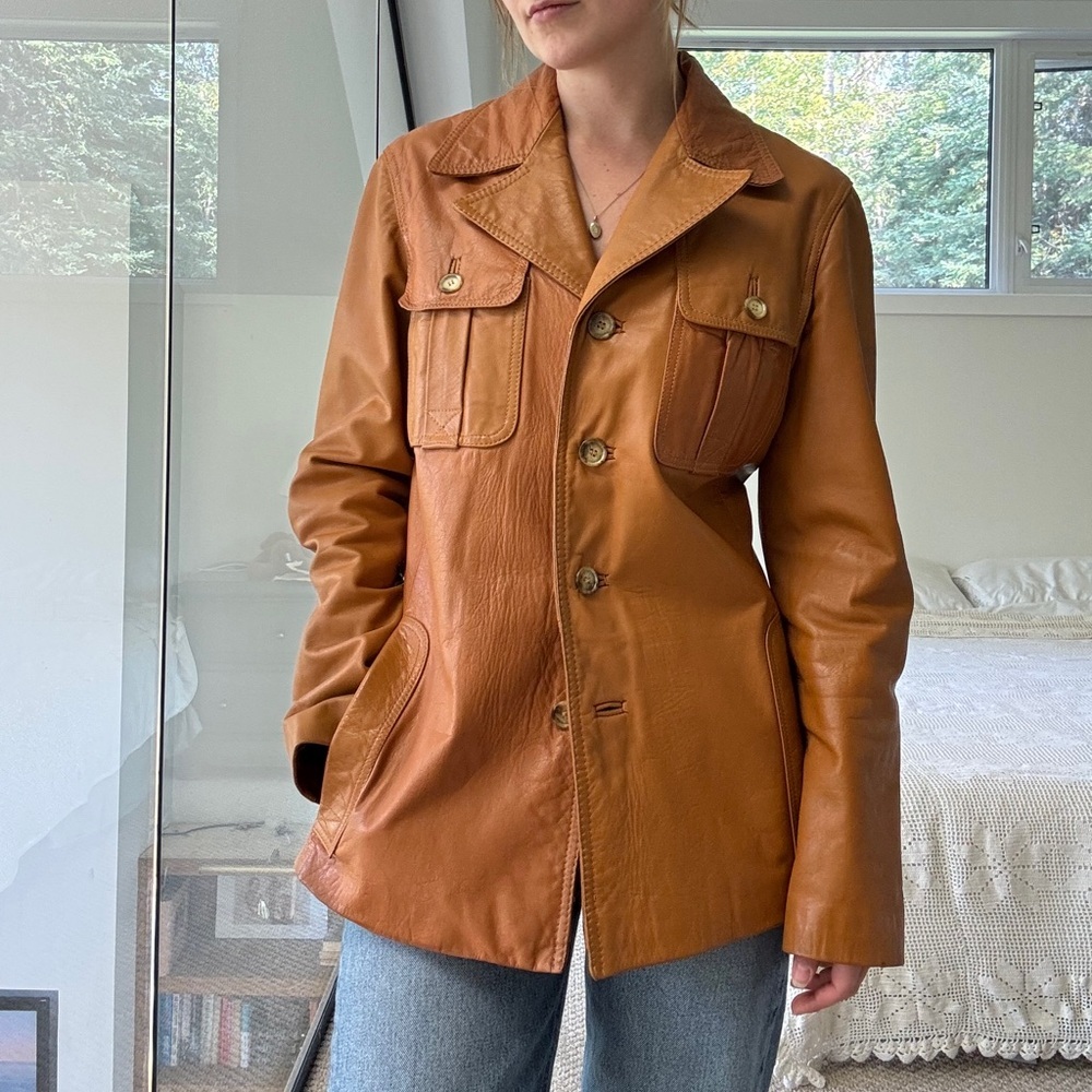 Vintage 100% leather cognac tan long line jacket small to medium euro 38